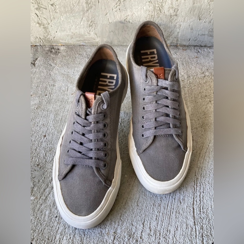 Frye Ludlow Low Top Mens Gray Canvas Lace Up Sneaker Shoes Leather Detail Sz 9.5